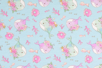 Jersey mit Walen und Blumen, hellblau, 0,5 m